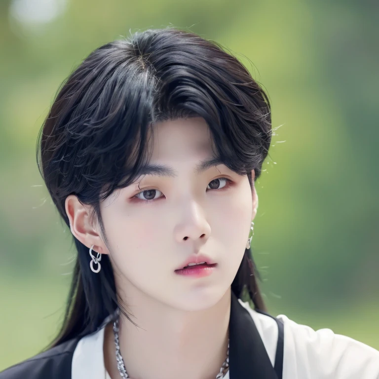 suga_lora1, Solo, male, long black hair, earrings, (masterpiece, ultra quality, high resolution), (detailed face), Young Korean man, 1boy, ((realistic)),