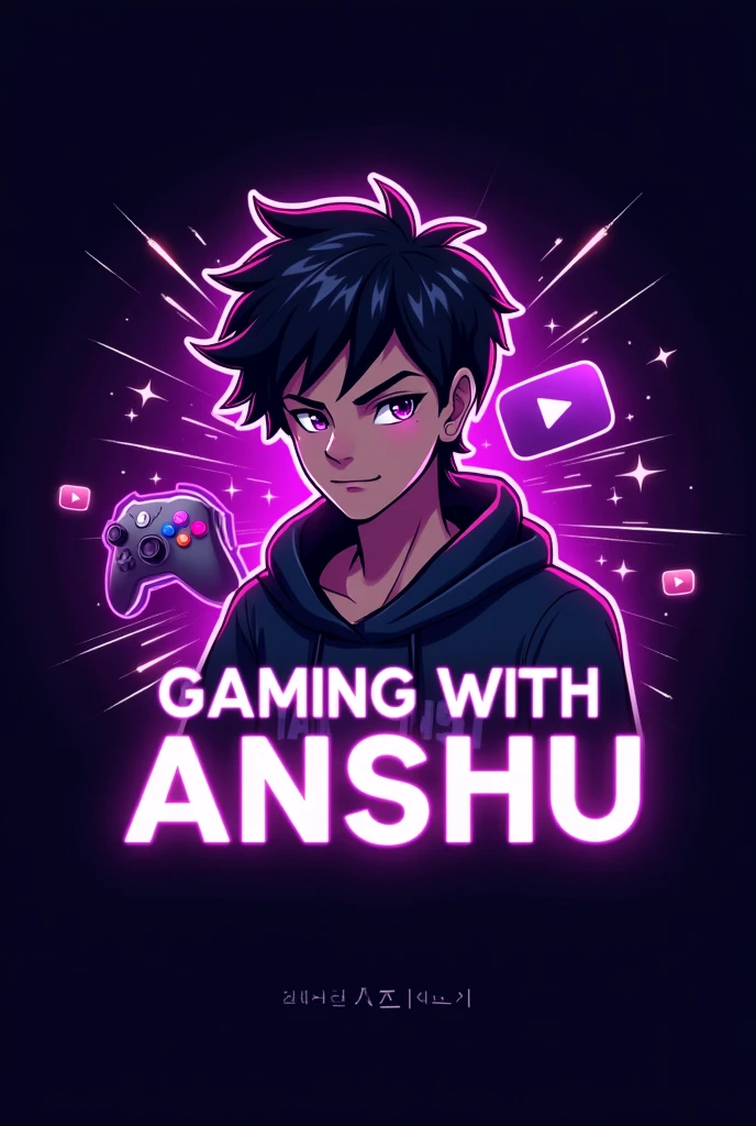 This is a gaming logo that features the name "GAMING WITH ANSHU" in a futuristic font and a neon purple color. and Boy Anime avtar, The logo also has a stylized controller icon and a YouTube play button in the background. The logo is designed to be attractive and eye-catching, and to appeal to gaming enthusiasts and YouTube viewers. I hope you like it.Text must be correct in spelling