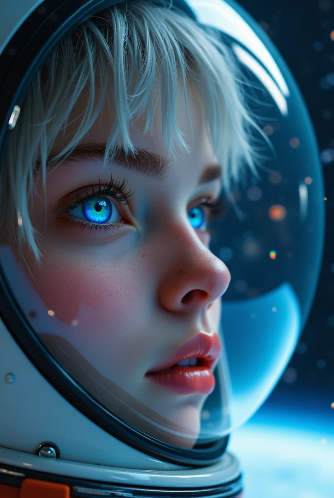 (Close-up of a better masterpiece:1.5)0.9], (Space and astronauts:1.2) (Messy silver hair:1.1) (Heterochromia xanthochromia and blue eyes:1.2) (Space Helmet:1.0) (Colored stars in the eyes:1.0) (A radiant glow:1.1) (thick lips:0.9)