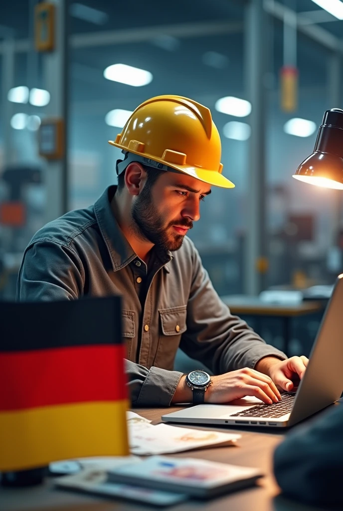 Electricsl engineer
Helmet snd work clothes
Factory
Paper
Euro pack money
Laptop
Watch
Desk
Series
German flag
In front of