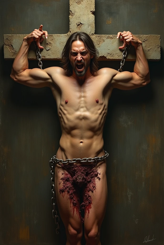 Human chained in a cross, but only in torso and the hands and behing the cross; front view, face full of rage and looking to us with bright eyes; beautiful man; caravaggio oil painting; realism; mid lenght hair; background with a lot of detail; inferior half body destroyed with legs already mutilated with tripes; and blood; show hands becomings into fangs with long and sharp nails;, and arms downs; the cross in stone with some ornament; best quality