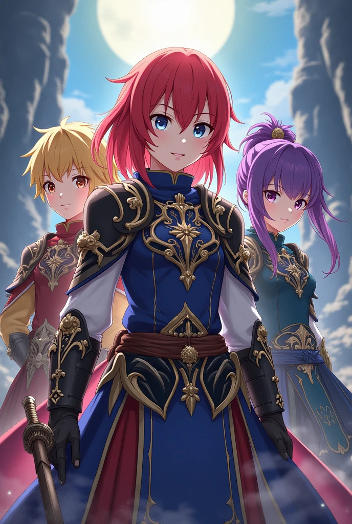A old girl, with a height of 1.73cm, with straight red hair with yellow tips, orange eyes, a little bit dark and wearing armor An 18 year old boy, with a height of 1.80 cm, with short blonde hair, ojos color azul y vistiendo una armadura con cosas de explorador
A 17 yearrl, with a height of 1.69cm, with hair in a purple ponytail, Purple eyes and wearing armor combined with a wizard's attire. It looks very epic. All anime style with a bit of realism.