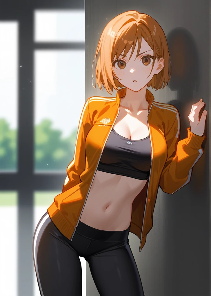 [nobara kugisaki], [jujutsu kaisen], ((masterpiece)), ((HD)), ((high res)), ((solo portrait)), ((front view)), ((detailed shading)), ((intricate details)), {(athletic figure), (slim figure), (cute brown eyes), (short eyelashes), (short orange hair), (curvy hips), (lush lips), (beautiful legs), (raised eyebrow), (curious expression)}, {(white track jacket), (navel), (black yoga pants)}, {(leaning on wall), (looking at viewer)}, [ambient lighting, vending machine, sun rays]
