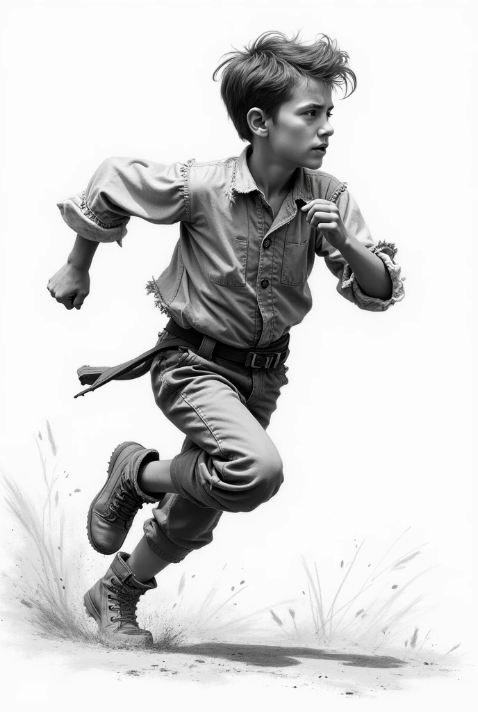 Drawing of a boy in worn-out 19th century clothing running in profile