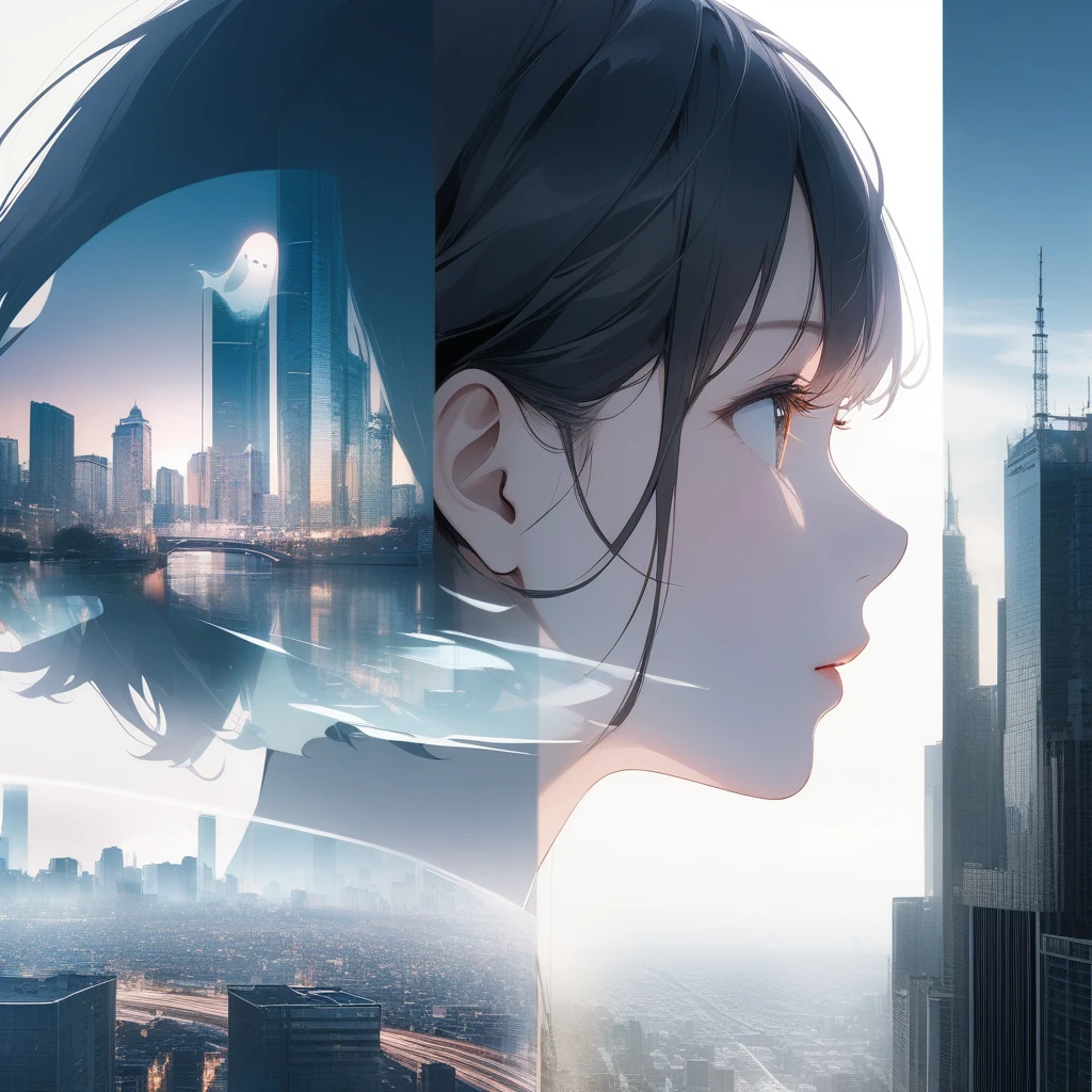 Double Exposure Style,a city skyline on the woman face,double image ghost effect,image combination,double exposure style,1girl,, (masterpiece,best quality,ultra-detailed,very aesthetic, absurdres)