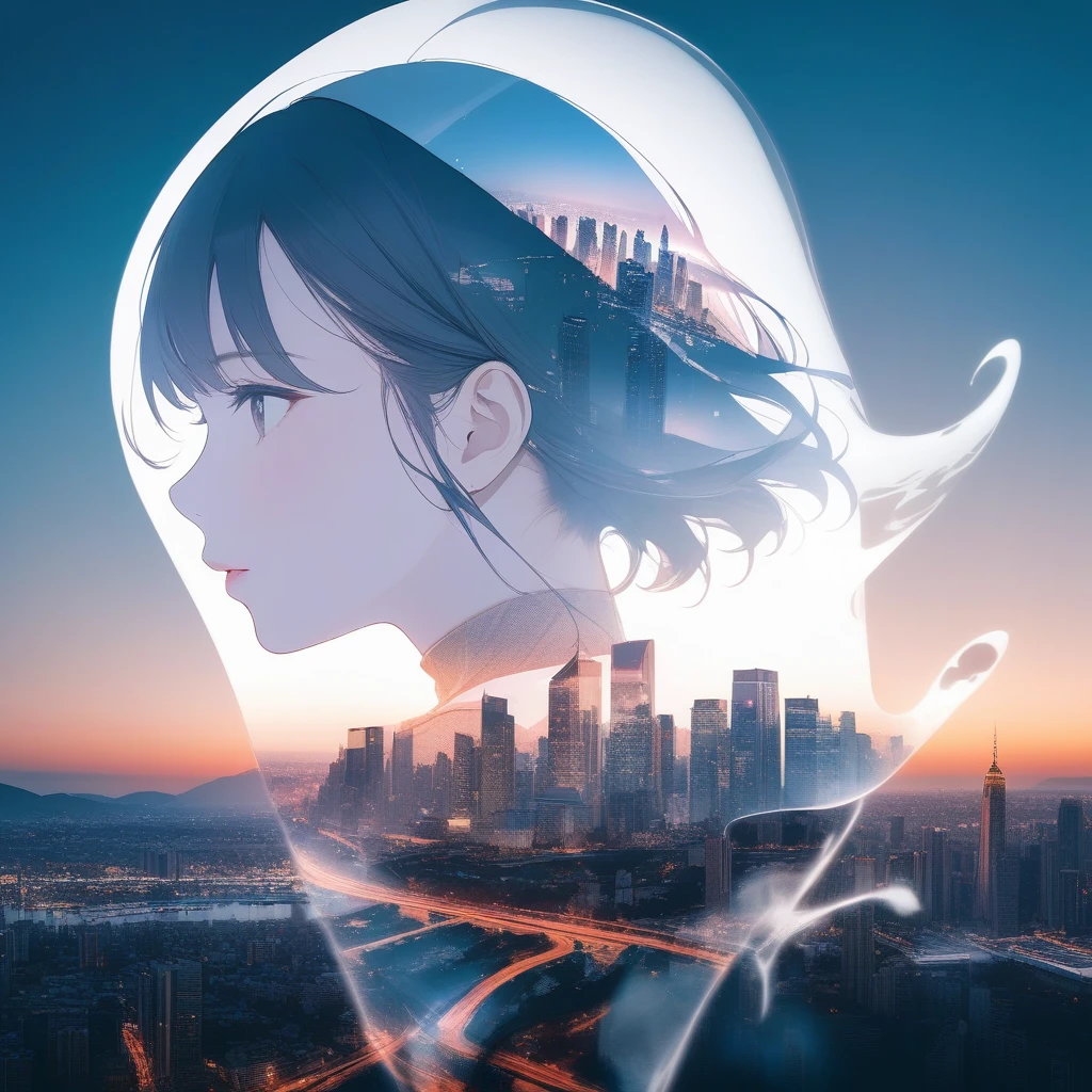 Double Exposure Style,a city skyline on the woman face,double image ghost effect,image combination,double exposure style,1girl,, (masterpiece,best quality,ultra-detailed,very aesthetic, absurdres)