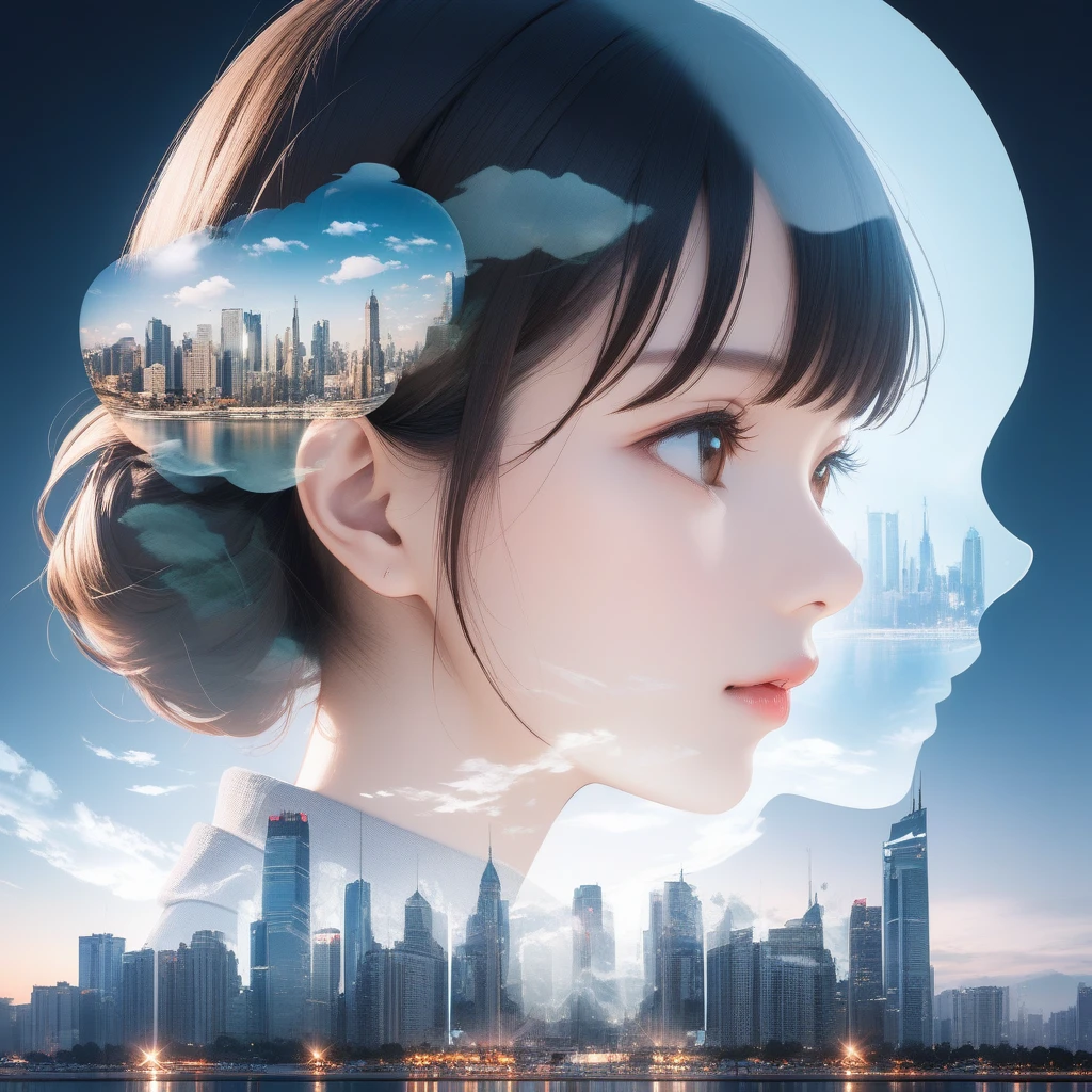 Double Exposure Style,a city skyline on the woman face,double image ghost effect,image combination,double exposure style,1girl,, (masterpiece,best quality,ultra-detailed,very aesthetic, absurdres)