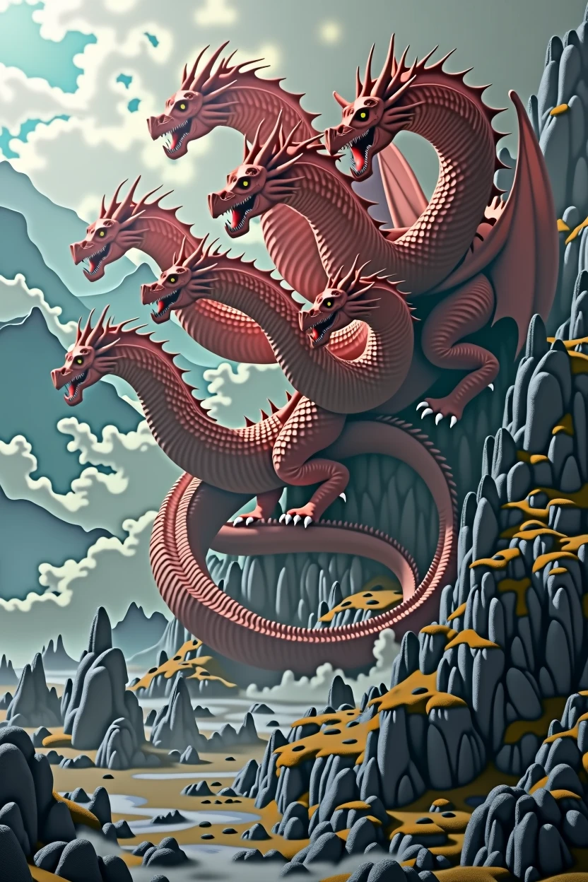 A seven-headed scarlet dragon, epic fantasy scene, highly detailed, 8K, dramatic lighting, cinematic, matte painting, fantasy art
