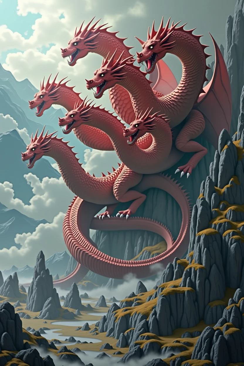A seven-headed scarlet dragon, epic fantasy scene, highly detailed, 8K, dramatic lighting, cinematic, matte painting, fantasy art