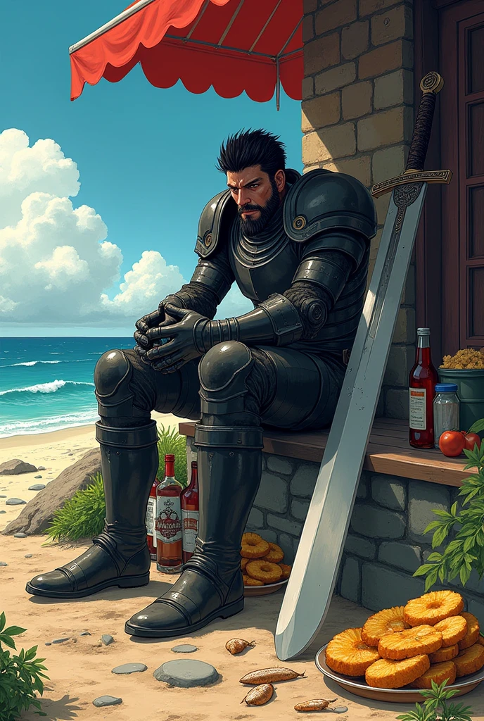 Guts the Black Swordsman Berserk by Kentaro Miura, Equipped with Berserk armor, sitting in La Guaira Venezuela eating fried plantains with fish in an awning, Dragon Slayer Sword buried next to Guts.