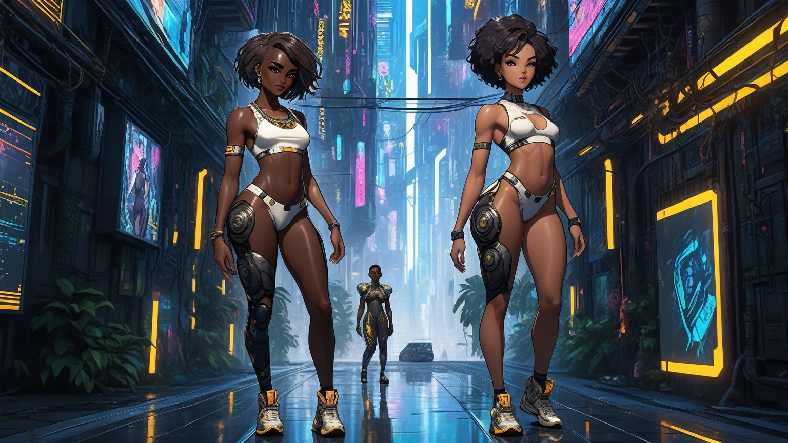 (((Full body: 1.5))), ((dark-skinned beautiful African woman: 1.7)) with short black hair, strong body, thick athletic body, cyberpunk background, Realistic, top quality picture, 4K, ultra HD |, ((master part))), (((best quality))), ((ultra detail)),(Highly detailed CG illustration), Cinematic light, camera: Choose an angle that highlights the beauty of the character. resolution: Aim for a high-resolution artwork to showcase intricate details and clarity