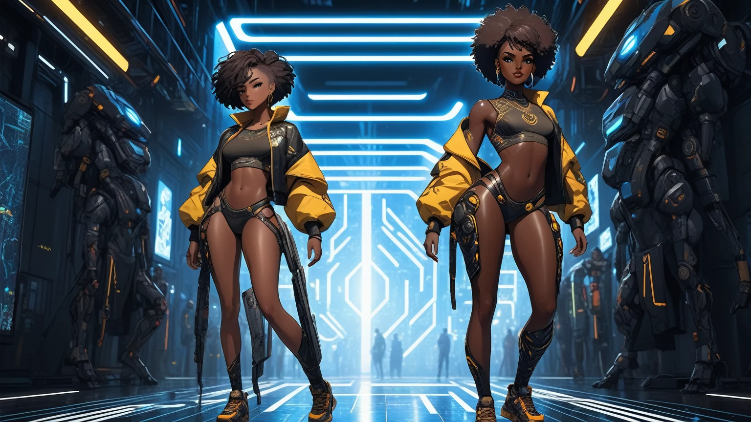 (((Full body: 1.5))), ((dark-skinned beautiful African woman: 1.7)) with short black hair, strong body, thick athletic body, cyberpunk background, Realistic, top quality picture, 4K, ultra HD |, ((master part))), (((best quality))), ((ultra detail)),(Highly detailed CG illustration), Cinematic light, camera: Choose an angle that highlights the beauty of the character. resolution: Aim for a high-resolution artwork to showcase intricate details and clarity