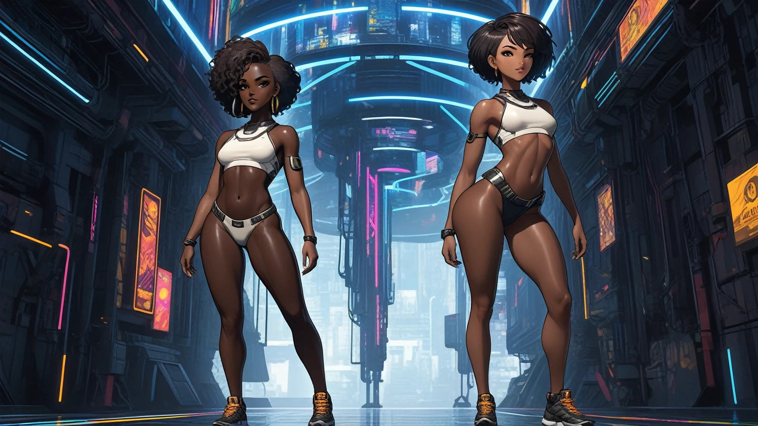 (((Full body: 1.5))), ((dark-skinned beautiful African woman: 1.7)) with short black hair, strong body, thick athletic body, cyberpunk background, Realistic, top quality picture, 4K, ultra HD |, ((master part))), (((best quality))), ((ultra detail)),(Highly detailed CG illustration), Cinematic light, camera: Choose an angle that highlights the beauty of the character. resolution: Aim for a high-resolution artwork to showcase intricate details and clarity