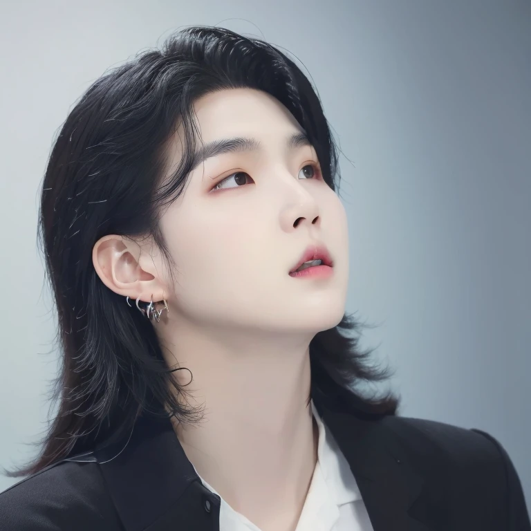 suga_lora1, Solo, male, long black hair, earrings, (masterpiece, ultra quality, high resolution), (detailed face), Young Korean man, 1boy, ((realistic)),