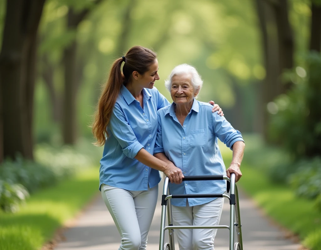 The image shows an elderly woman with a walker being assisted by a young woman. The elderly woman is standing on a paved path in a park or garden, with trees and greenery on either side. The young woman is wearing a blue shirt and white pants, and is holding the walker with both hands. She is smiling and appears to be comforting the elderly woman, who is standing next to her with her arms around her waist. The woman is also smiling and seems to be enjoying the moment. The background is blurred, but it seems like the photo was taken during the day. The overall mood of the image is happy and carefree.