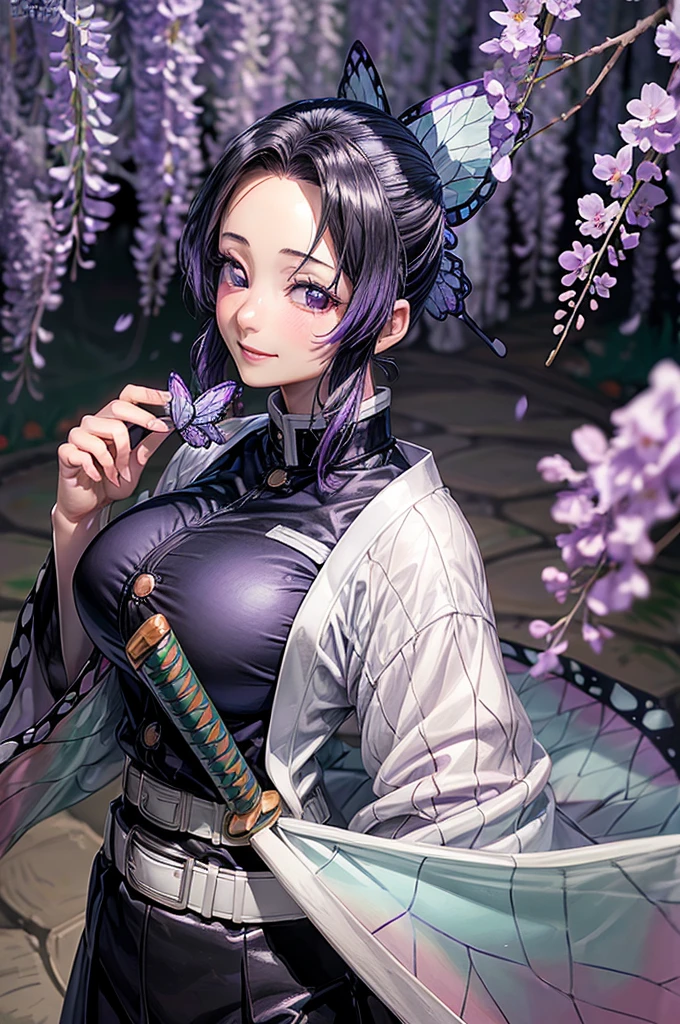 Shinobu Kochou,(masterpiece, Highest quality:1.3), (Super detailed:1.4),(Super detailed顔:1.2),(Super detailed目:1.2), (hyperRealistic:1.3), (RAW Photos:1.2), High-definition RAW color photos, Professional photos, (PhotoRealistic:1.4), (Realistic:1.4),8k,Professional Lighting, Perfect Anatomy, BREAK,(Big Breasts:1.4),(blush:1.2),(Bright smile:1.2),detail, Sharp focus, dramatic,dutch angle,Wisteria field,Japanese garden,Butterfly Hair Ornament, Purple eyes, Multicolored Hair, short hair, Parted bangs, amount, Haori, Wide sleeves, Long sleeve, Black trousers, Black jacket, White belt,(sexy pose:1.1)