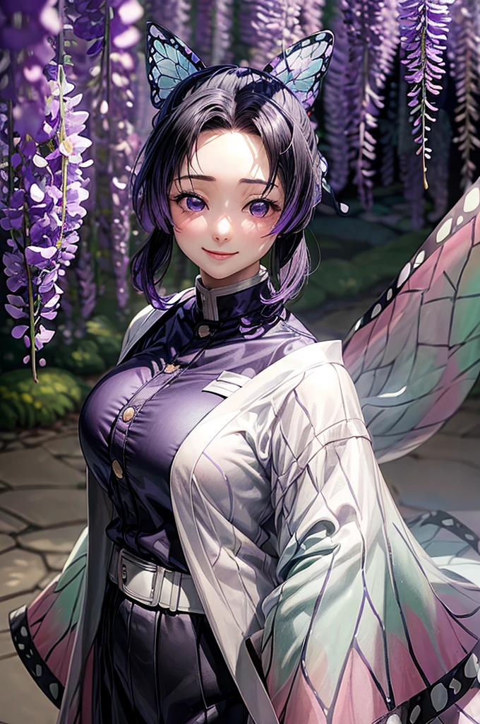 Shinobu Kochou,(masterpiece, Highest quality:1.3), (Super detailed:1.4),(Super detailed顔:1.2),(Super detailed目:1.2), (hyperRealistic:1.3), (RAW Photos:1.2), High-definition RAW color photos, Professional photos, (PhotoRealistic:1.4), (Realistic:1.4),8k,Professional Lighting, Perfect Anatomy, BREAK,(Big Breasts:1.4),(blush:1.2),(Bright smile:1.2),detail, Sharp focus, dramatic,dutch angle,Wisteria field,Japanese garden,Butterfly Hair Ornament, Purple eyes, Multicolored Hair, short hair, Parted bangs, amount, Haori, Wide sleeves, Long sleeve, Black trousers, Black jacket, White belt,(sexy pose:1.1)