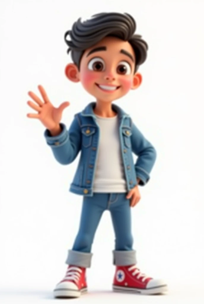 Cartoon 3d, short black hair, short black hair, white t-shirt, denim jacket and jeans, all star sneakers,  making an ok sign , white background