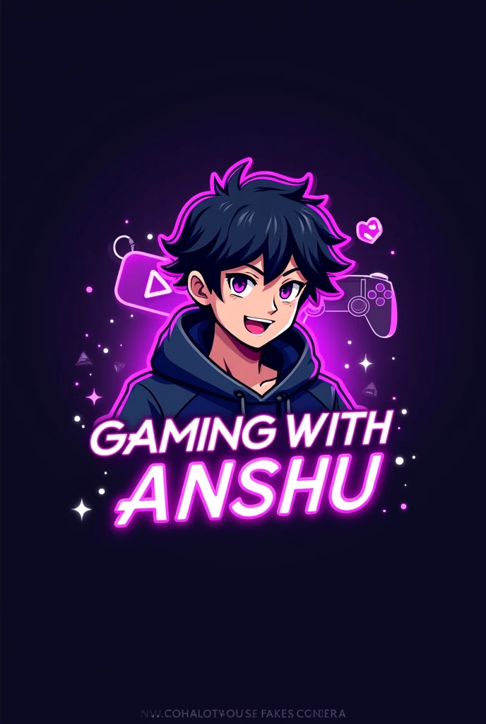 This is a gaming logo that features the name "GAMING WITH ANSHU" in a futuristic font and a neon purple color. and Boy Anime avtar, The logo also has a stylized controller icon and a YouTube play button in the background. The logo is designed to be attractive and eye-catching, and to appeal to gaming enthusiasts and YouTube viewers. I hope you like it.Text must be correct in spelling