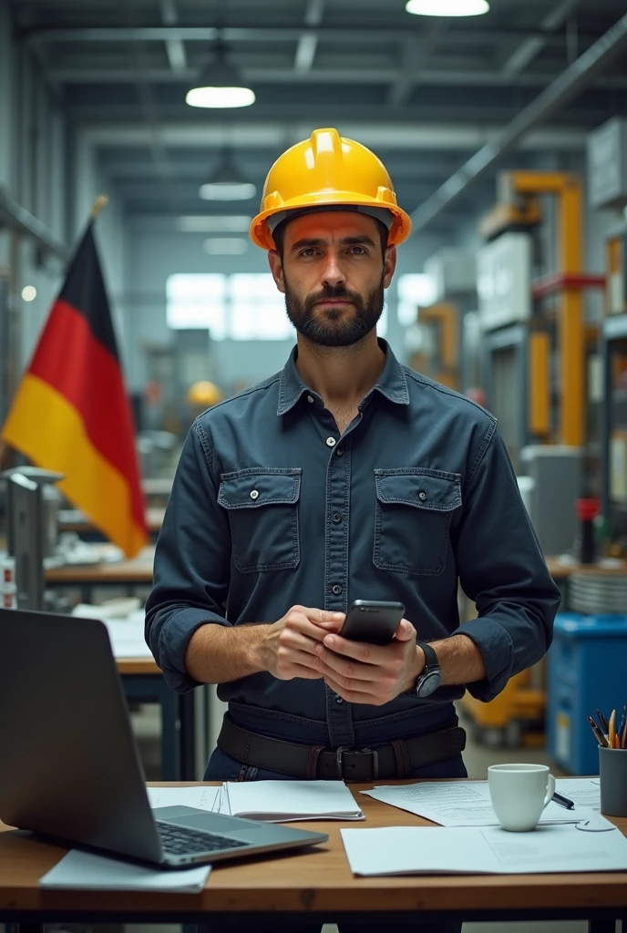 Electricsl engineer
Helmet snd work clothes
Factory
Paper
Euro pack money
Laptop
Watch
Desk
Series
German flag
In front of