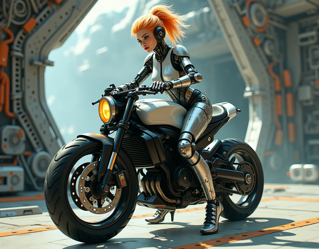 A cyborg lady with multicolored hair in shades of orange and blond, riding a futuristic motorcycle. The cyborg lady's left hand is on the throttle while the other holds onto the bike. Her body features matching cyborg appendages and proper robot sneakers. The scene is set in a detailed spaceship interior, filled with complex machine parts and mecha transport elements. The focus is on her full body, showcasing her futuristic design and intricate details in ultra-high resolution.