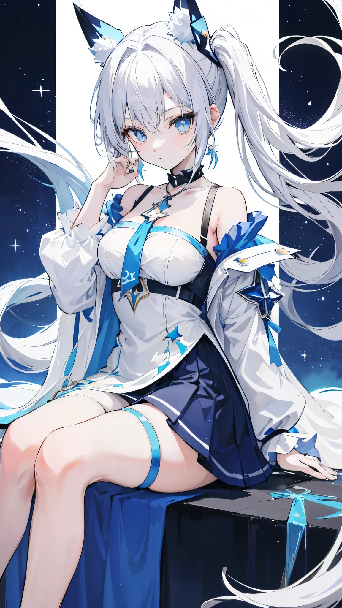 An anime-style female character with light silver hair tied into twin long ponytails and yellow headband. She has bright blue eyes and a gentle, slightly shy expression. The character is dressed in a white off-shoulder dress with white and blue accents, including a star-shaped pendant around her neck. The dress has long, loose sleeves and a short skirt. She wears a black thigh strap on her right leg. The background shows a ice castle, reflective floor with blue and metallic tones. The character is sitting on the edge of a platform or step,  .absurdres, high res, ultrasharp, 8K, masterpiece, looking at viewer