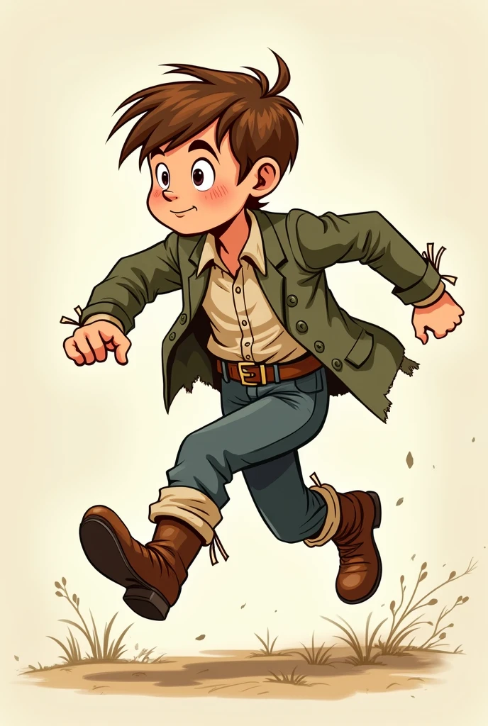 Cartoon of boy in worn 19th century clothing running in profile