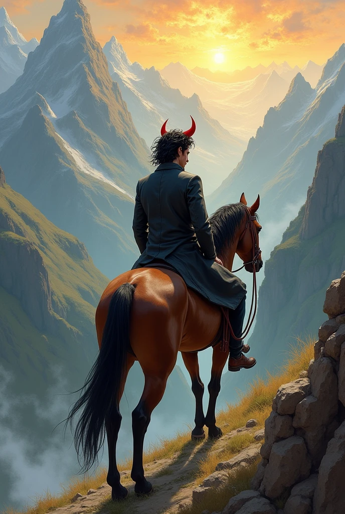 Devil on god's mission, impressionistic art with the handsome white male black haired devil with red horns and a mocking smile but gentle eyes on a horseback with his back facing the viewer but can still see slight sideview of his handsome face with mocking smile towards sunshine/goodness climbing on mountain tops