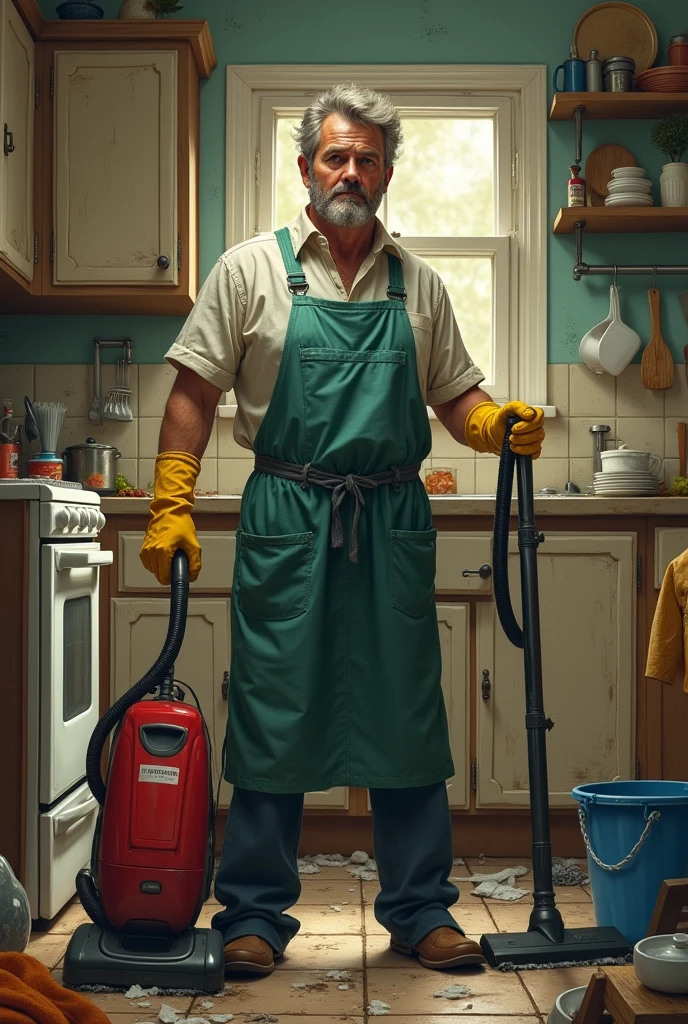 A man in an apron, wearing dish gloves, with a vacuum cleaner in one hand and a spatula in the other. He looks a bit tired but determined, with a messy kitchen in the background.
