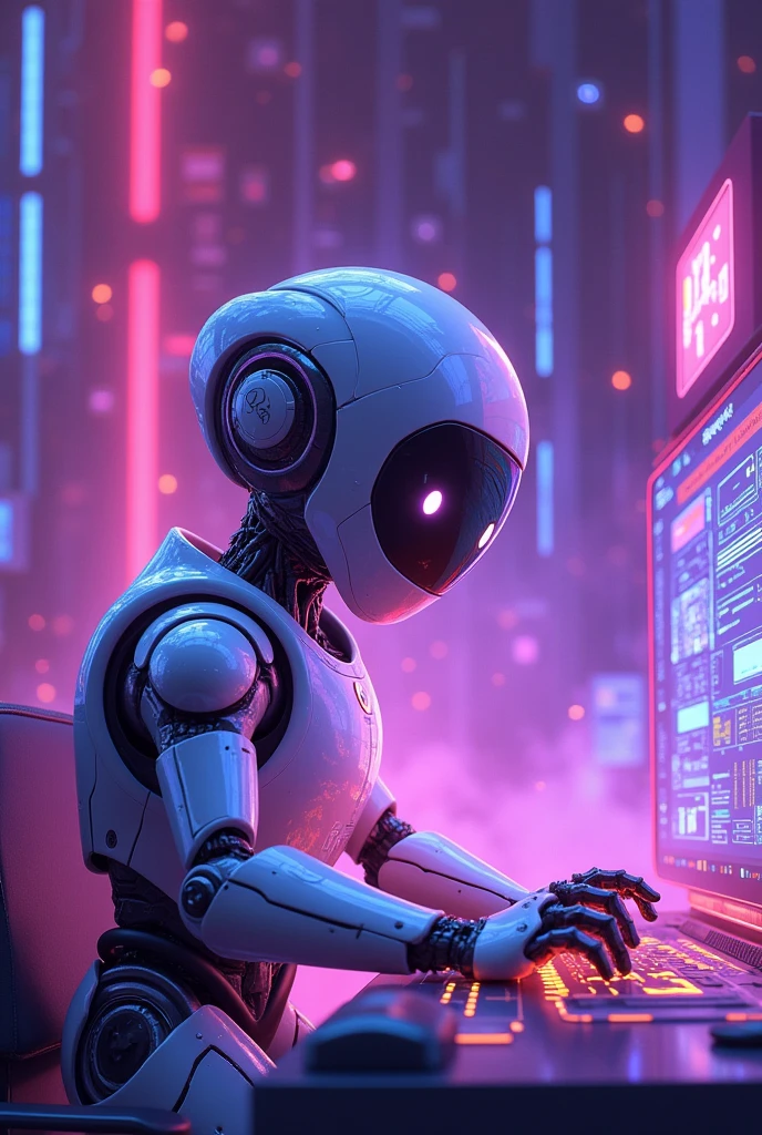 Generates an image of a robot programming with purple colors More animated For u mm shield