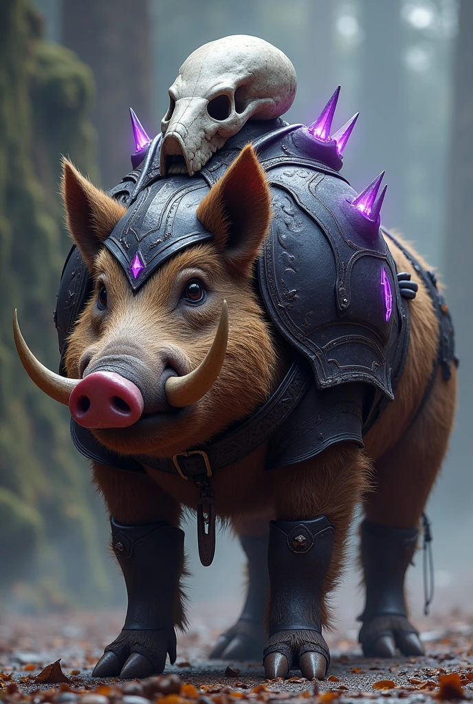 Draw a boar without a hump, where there is a horse saddle to sit on, the boar must be large and muscular with caramel and brown fur, a suit of black armor with purple glowing details all over the tusked combat boar half "broken" is "light gray skull" on top of the boar's armor. the armor must appear to be medieval and its details shiny , deaque in the purple details that should be bright. as if it were a magical animal. 4-legged
