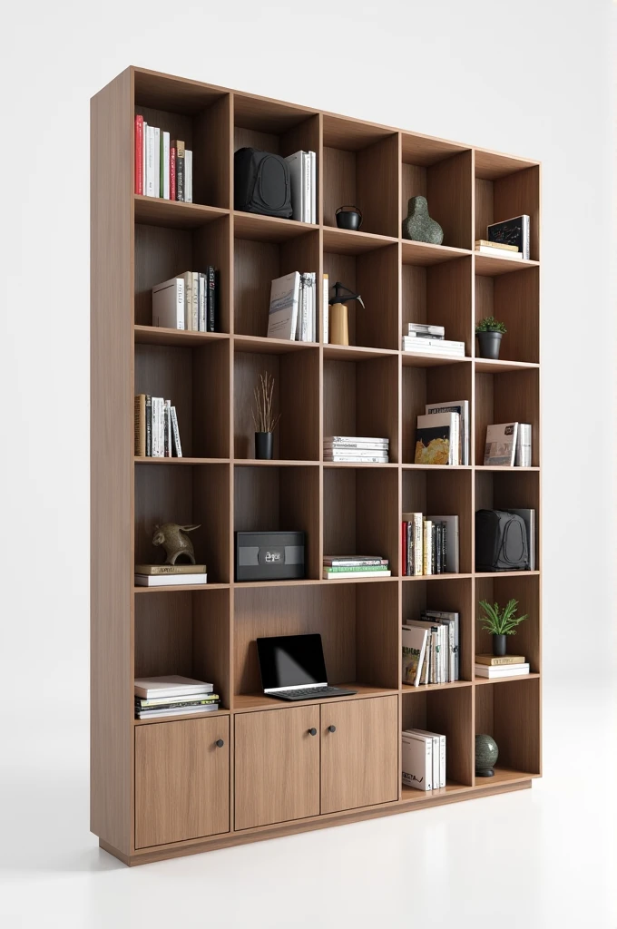Create a bookshelf design with many partitions measuring 2 meters in length..5M, 4m wide. There is a partition for storing backpacks., put the laptop