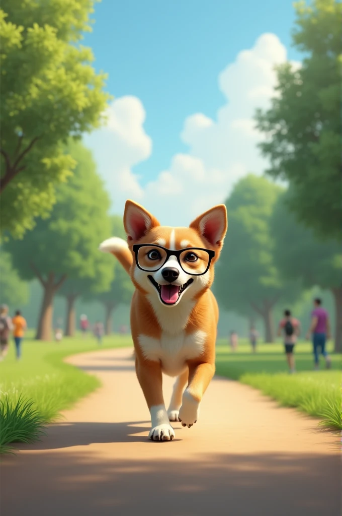 Give me a realistic dog with glasses exercising in a park