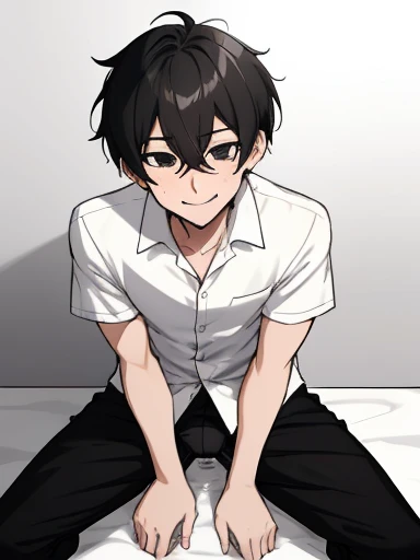 Being high, best emotions drawing, 1boy, black eyes, dark circle eyes, black hair, hair between eyes, short hair, only white shirt, solo, male focus, anime, simple style, sweating hardly, dick, cock, NSFW, cumming, no pants, 18+, smiling
