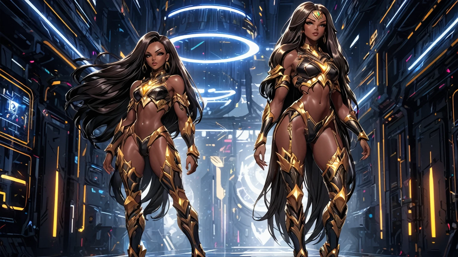 An image of a video game splash screen, First Descendant style, full body portrait of a ((dark-skinned beautiful African woman: 1.7)) with very long black hair, strong body, thick anime body, wearing black gold and hot pink translucent cyber armor, concept art, full body, (masterpiece:1.2), (best quality:1.3), 4K, ultra HD |, ((master part))), (((best quality))), ((ultra detail)),(Highly detailed CG illustration), Cinematic light, camera: Choose an angle that highlights the beauty of the character. resolution: Aim for a high-resolution artwork to showcase intricate details and clarity