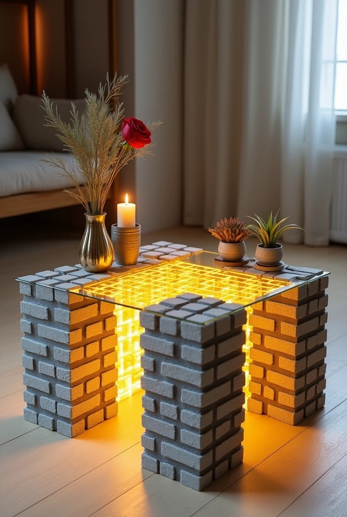 Handcrafted small square coffee table, featuring a reflective glass top that creates a stunning visual effect resembling an endless tunnel, lit from within by warm yellow LED lighting. The sides are covered with a material that simulates the appearance of grey bricks with a three-dimensional texture.. The table is decorated with simple decorations such as small plants and a golden candlestick containing a red rose.. The table is placed on a light-colored wooden floor.. The table design combines simplicity and elegance with a touch of modernity, making it a distinctive piece of art in any room.