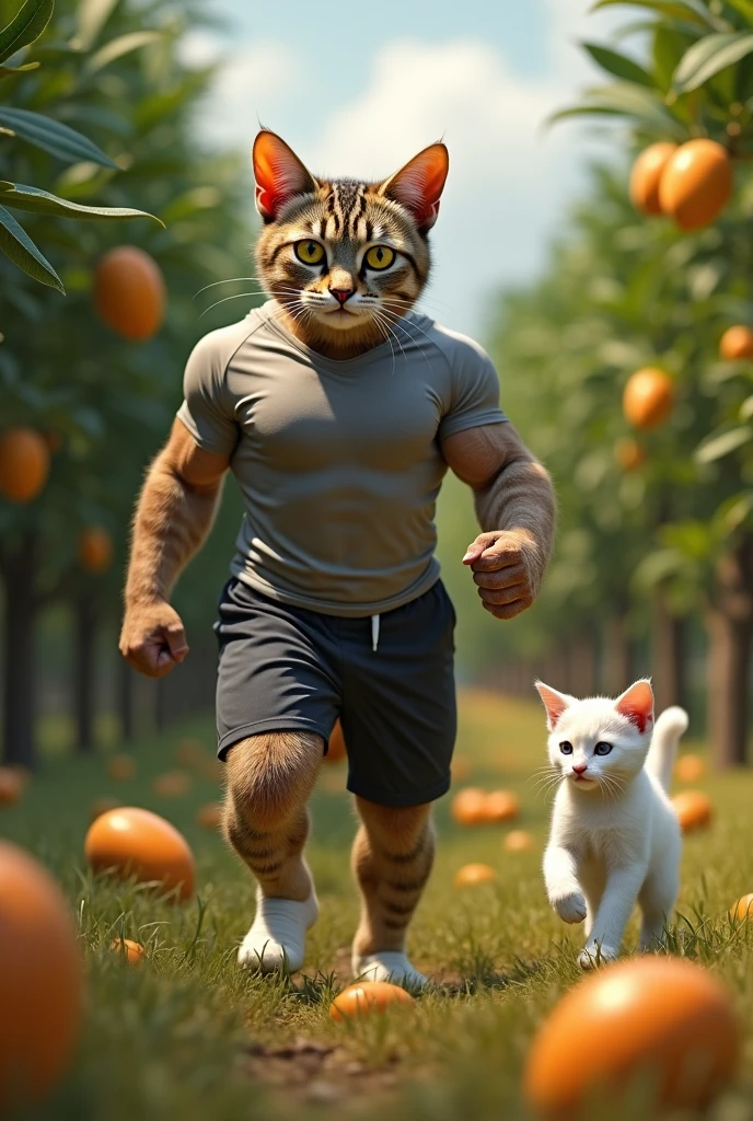 The scene shifts to a muscular, bodybuilder cat wearing a t-shirt and shorts. He has a determined and concerned expression on his face as he searches the mango field. He spots the cage with his chubby white kitten inside from a distance, his eyes widening in shock and anger.