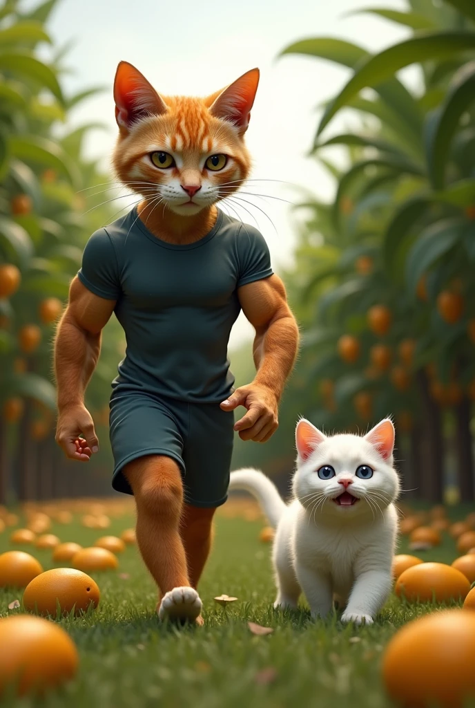 The scene shifts to a muscular, bodybuilder cat wearing a t-shirt and shorts. He has a determined and concerned expression on his face as he searches the mango field. He spots the cage with his chubby white kitten inside from a distance, his eyes widening in shock and anger.