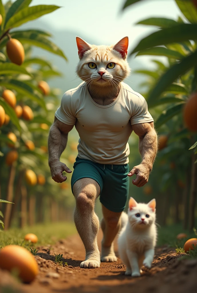 The scene shifts to a muscular, bodybuilder cat wearing a t-shirt and shorts. He has a determined and concerned expression on his face as he searches the mango field. He spots the cage with his chubby white kitten  inside from a distance, his eyes widening in shock and anger.