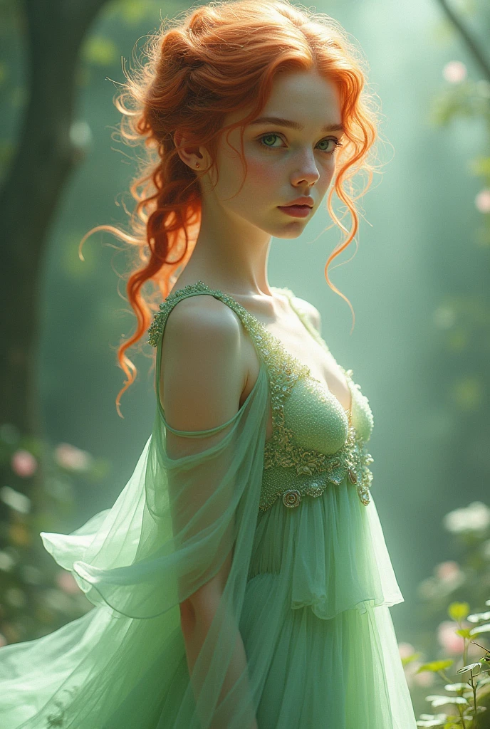 Curly redhead girl in long light green dress inspired by dragons full body