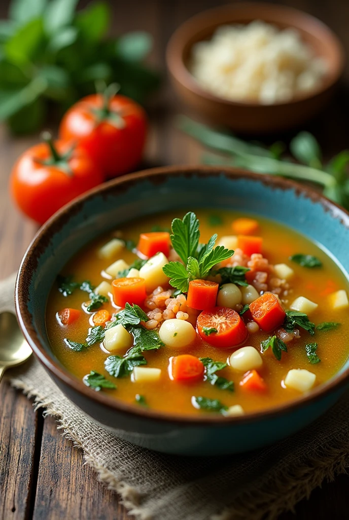 Vegetable soup with various neat arrangements" vegetable soup on the table is ready