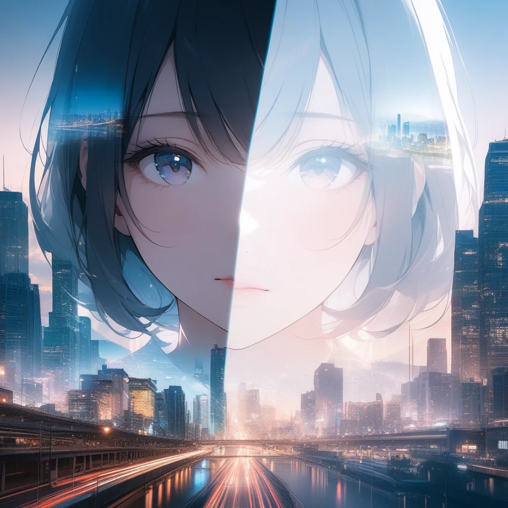Double Exposure Style,a city skyline on the woman face,double image ghost effect,image combination,double exposure style,1girl,, (masterpiece,best quality,ultra-detailed,very aesthetic, absurdres)