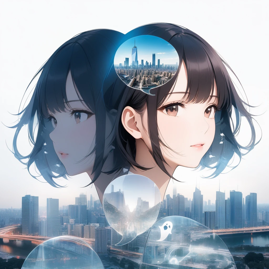 Double Exposure Style,a city skyline on the woman face,double image ghost effect,image combination,double exposure style,1girl,, (masterpiece,best quality,ultra-detailed,very aesthetic, absurdres)