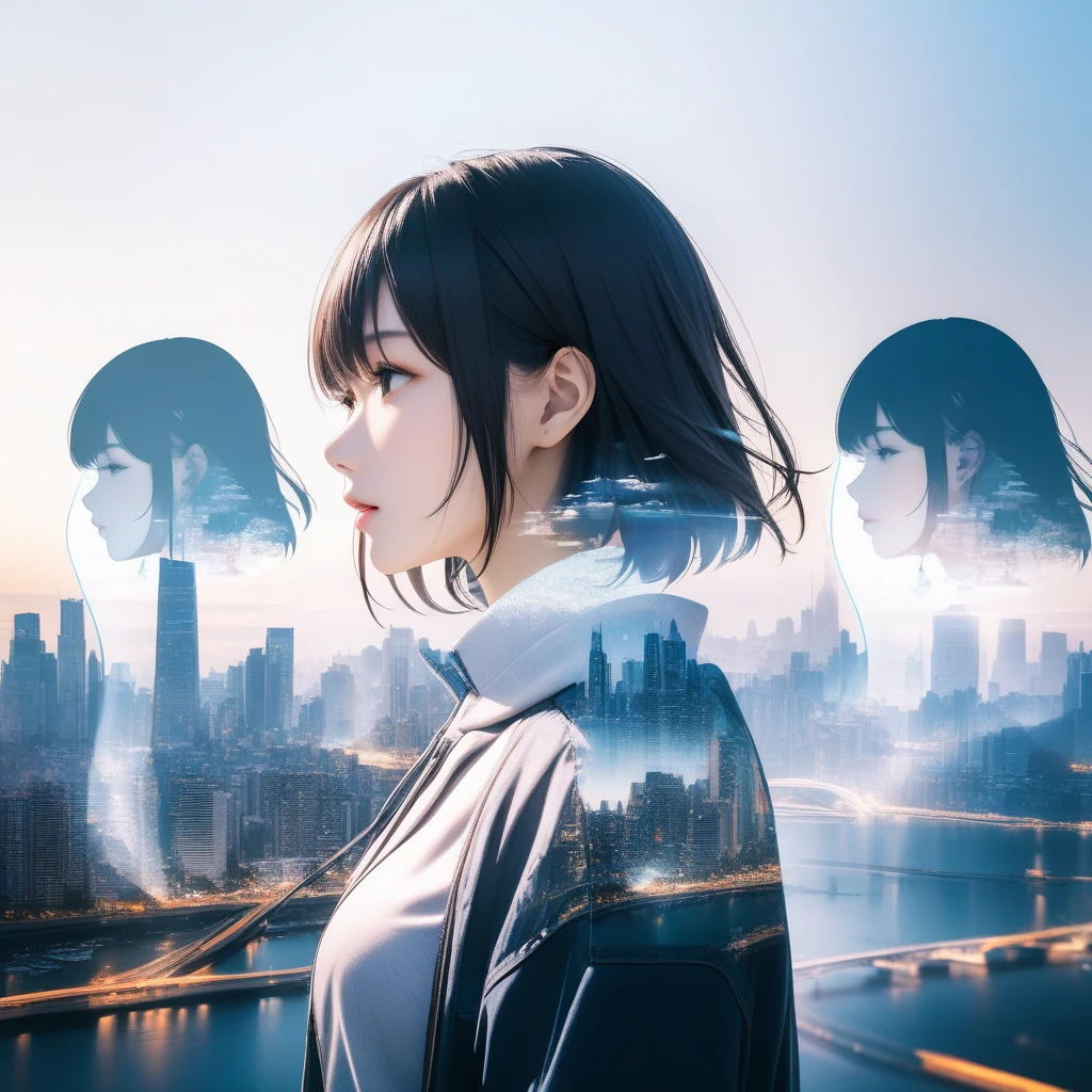 Double Exposure Style,a city skyline on the woman face,double image ghost effect,image combination,double exposure style,1girl,, (masterpiece,best quality,ultra-detailed,very aesthetic, absurdres)