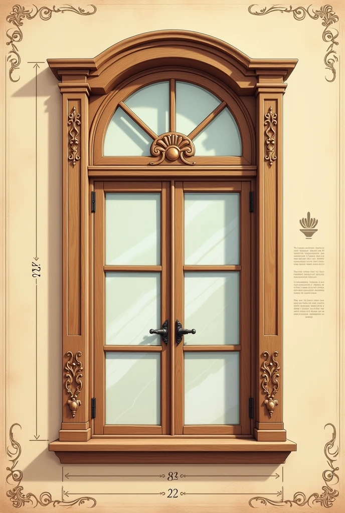 Animated wooden French window in assembly drawing