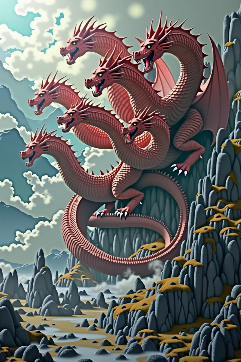 A seven-headed scarlet dragon, epic fantasy scene, highly detailed, 8K, dramatic lighting, cinematic, matte painting, fantasy art