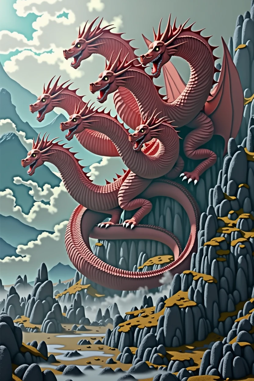 A seven-headed scarlet dragon, epic fantasy scene, highly detailed, 8K, dramatic lighting, cinematic, matte painting, fantasy art