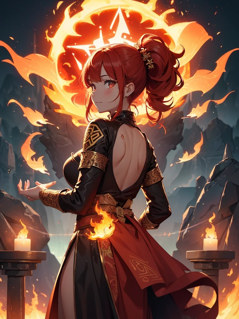 (((best quality, sharp image, clear image, cinematic lighting, 8k resolution, masterpiece, ultra detailed, intricate))) Girl, (((looking over shoulder))), shot from behind, ((half shot)), fire mage, cute, fiery red hair, pigtails in hair, (intricate dress), (white dress), ribbons in hair, smiling, fiery red, ((intricate Portal background)), ((fire magic)), candles, ((glowing runes on skin)), (flame patterns), ((fiery lotus flowers)), busy background., ((fire sigils)), (rock formations), Exploding rock, lavafalls, gauntlets, ((Red rubies))