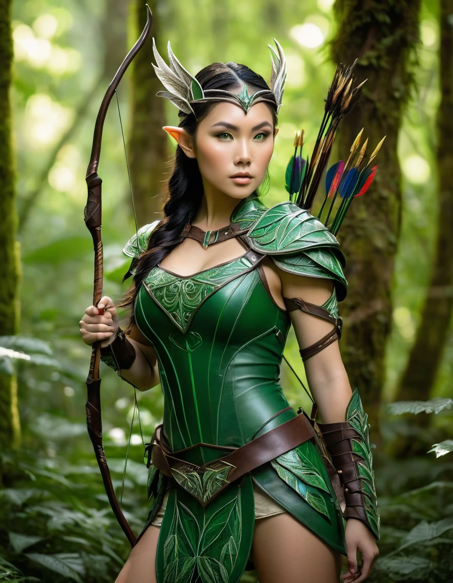 Sexy asian woman, hugr breasts, brunette,
archer elf woman , big boobs, standing gracefully in a lush forest. pointed ears. Her piercing green eyes are focused and determined. She wears an intricately designed leather armor with leaf motifs, emphasizing her connection to nature. A finely crafted bow rests in her hand, and a quiver of arrows is slung over her shoulder. The background is a vibrant forest scene with dappled sunlight filtering through the canopy, highlighting the rich green foliage and adding a magical glow to the setting. The overall atmosphere should be one of elegance and strength, capturing the mystical essence of an elf archer in her natural habitat.