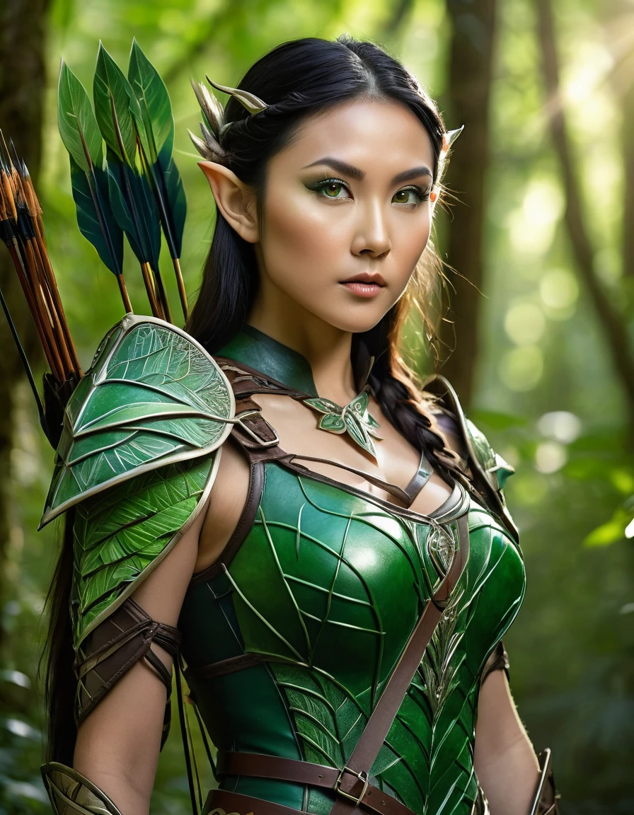 Sexy asian woman, hugr breasts, brunette,
archer elf woman , big boobs, standing gracefully in a lush forest. pointed ears. Her piercing green eyes are focused and determined. She wears an intricately designed leather armor with leaf motifs, emphasizing her connection to nature. A finely crafted bow rests in her hand, and a quiver of arrows is slung over her shoulder. The background is a vibrant forest scene with dappled sunlight filtering through the canopy, highlighting the rich green foliage and adding a magical glow to the setting. The overall atmosphere should be one of elegance and strength, capturing the mystical essence of an elf archer in her natural habitat.
